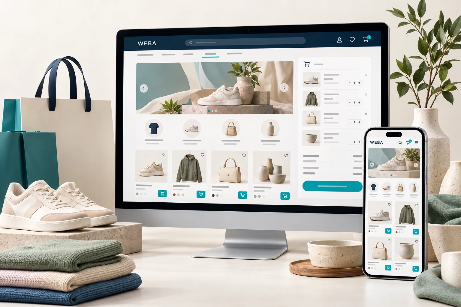 Minh họa giao diện website bán hàng trên máy tính và điện thoại, với sản phẩm và giỏ hàng