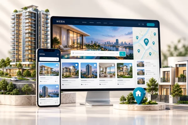 Minh họa giao diện website bất động sản trên máy tính và điện thoại, kèm mô hình nhà ở