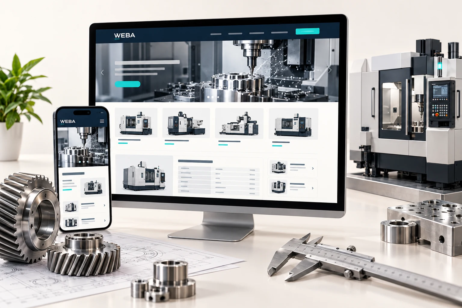 Minh họa giao diện website cơ khí, máy móc trên máy tính và điện thoại, với thiết bị cơ khí và thông số máy