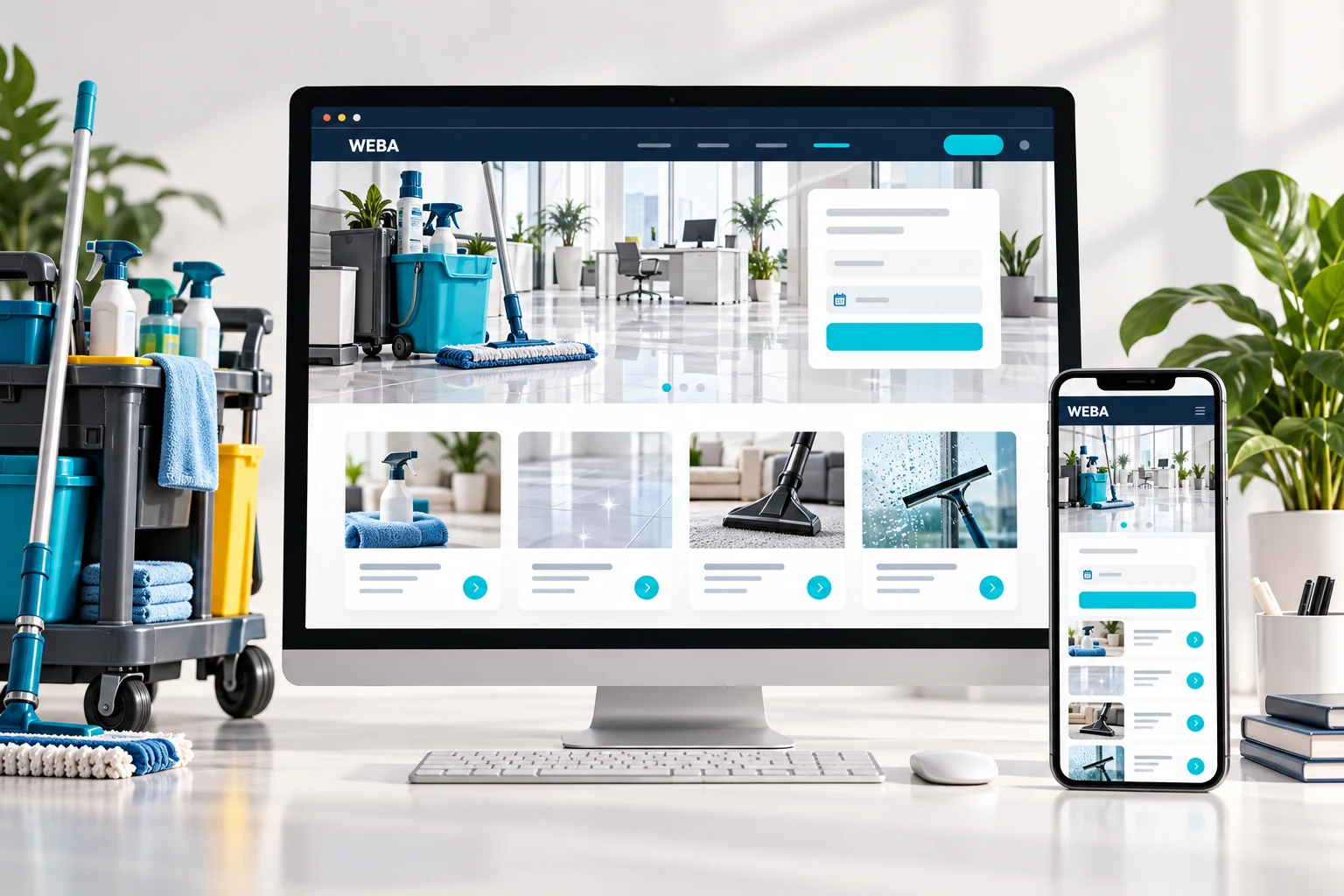Minh họa giao diện website dịch vụ vệ sinh trên máy tính và điện thoại, với hạng mục vệ sinh và lịch hẹn