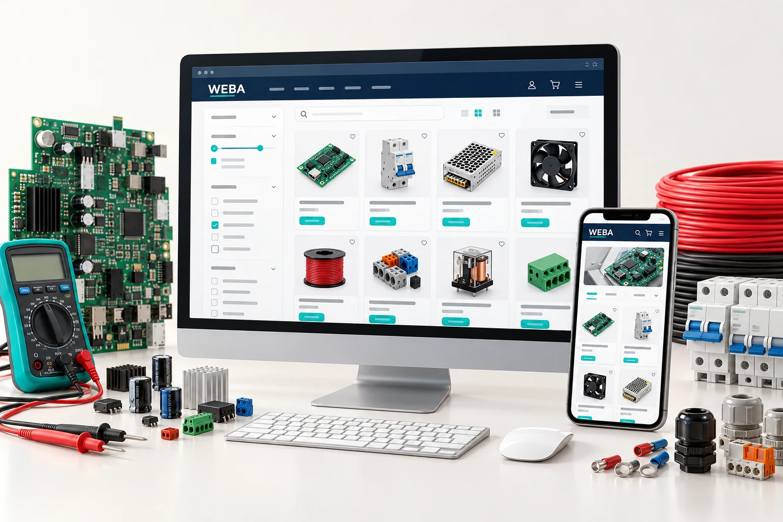 Minh họa giao diện website điện, điện tử trên máy tính và điện thoại, với linh kiện điện tử và bộ lọc sản phẩm