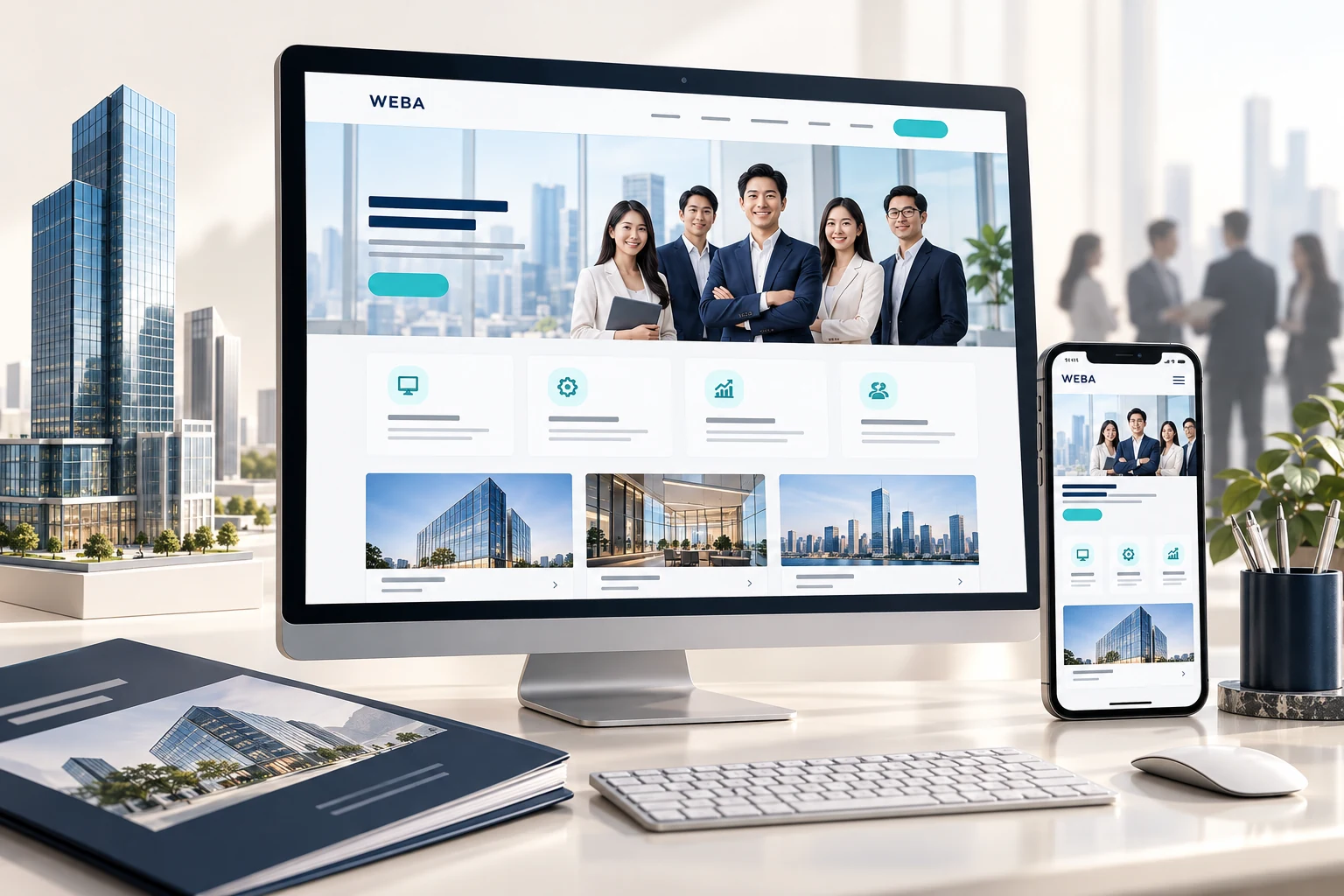 Minh họa giao diện website doanh nghiệp trên máy tính và điện thoại, với tòa nhà văn phòng và hồ sơ doanh nghiệp