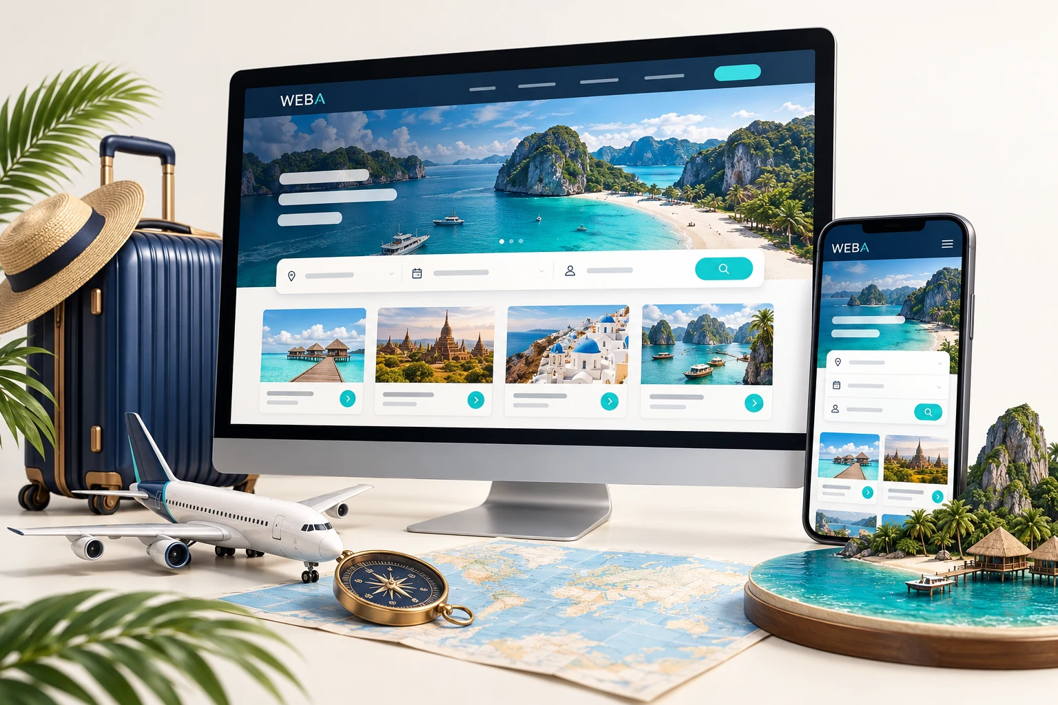 Minh họa giao diện website du lịch trên máy tính và điện thoại, với điểm đến và công cụ tìm tour