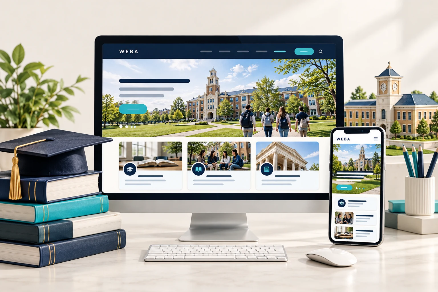 Minh họa giao diện website giáo dục trên máy tính và điện thoại, với chương trình học và khuôn viên trường
