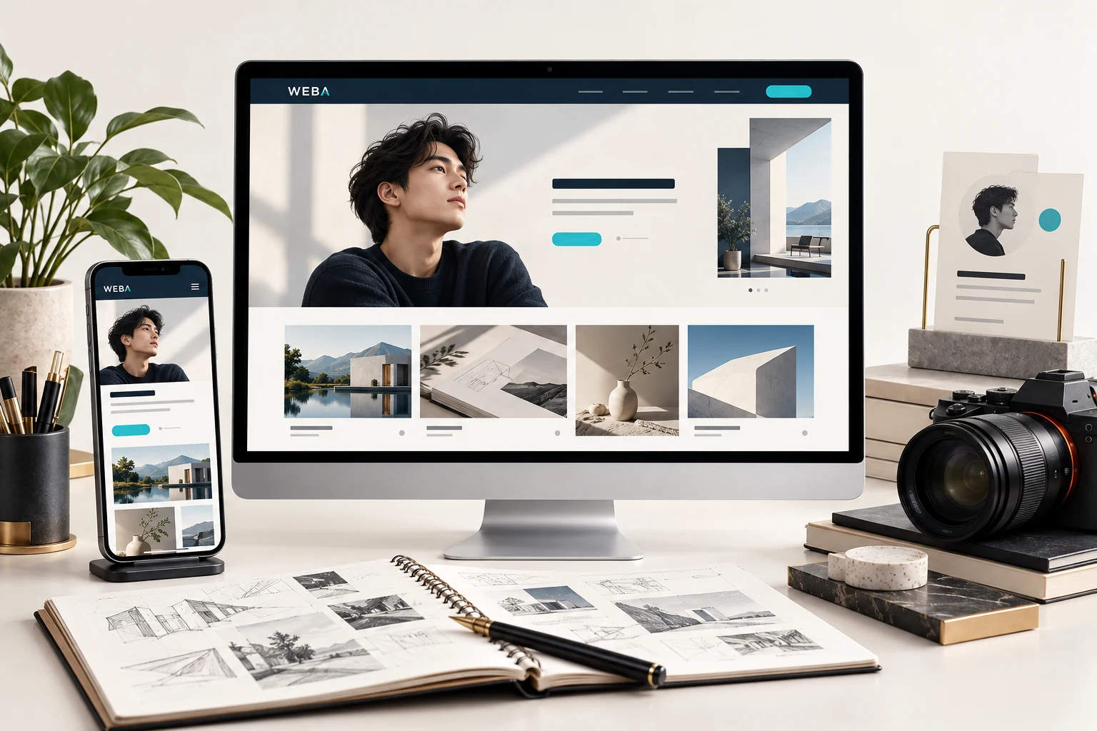 Minh họa giao diện website giới thiệu cá nhân trên máy tính và điện thoại, với hồ sơ cá nhân và portfolio