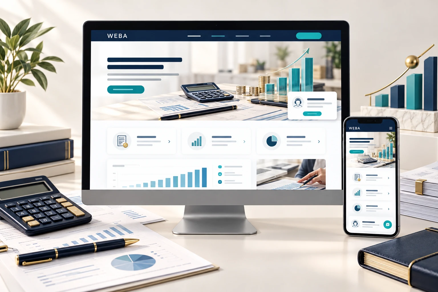 Minh họa giao diện website kế toán trên máy tính và điện thoại, với dịch vụ kế toán và biểu mẫu tư vấn