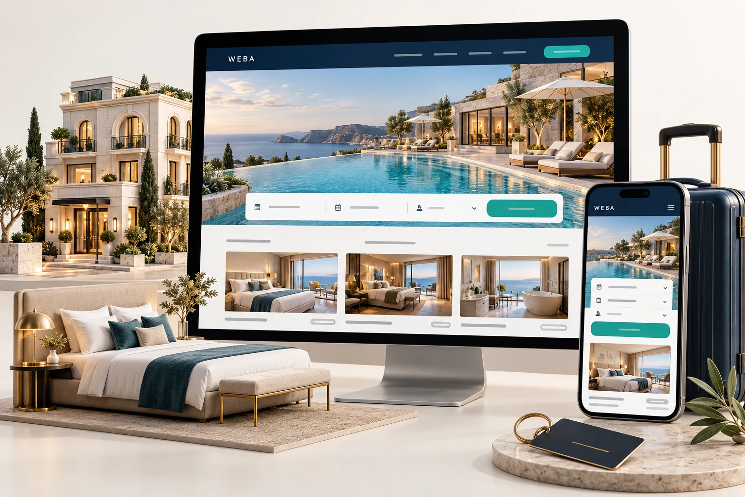 Minh họa giao diện website khách sạn trên máy tính và điện thoại, với phòng nghỉ và biểu mẫu đặt phòng