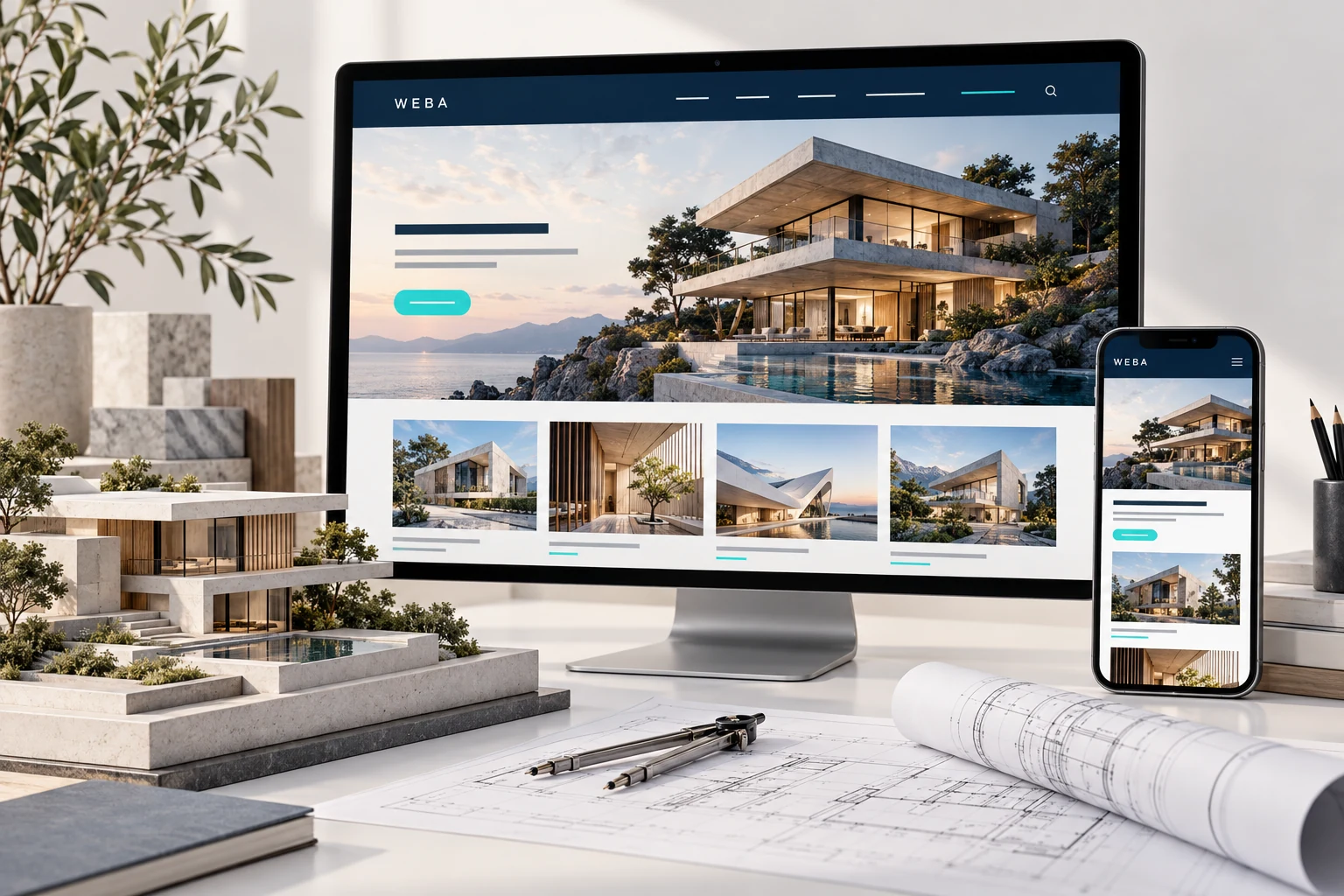 Minh họa giao diện website kiến trúc trên máy tính và điện thoại, với mô hình kiến trúc và bản vẽ