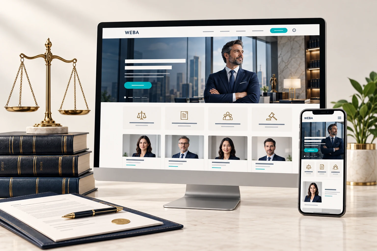 Minh họa giao diện website luật, tư vấn pháp lý trên máy tính và điện thoại, với lĩnh vực tư vấn pháp lý và hồ sơ luật sư