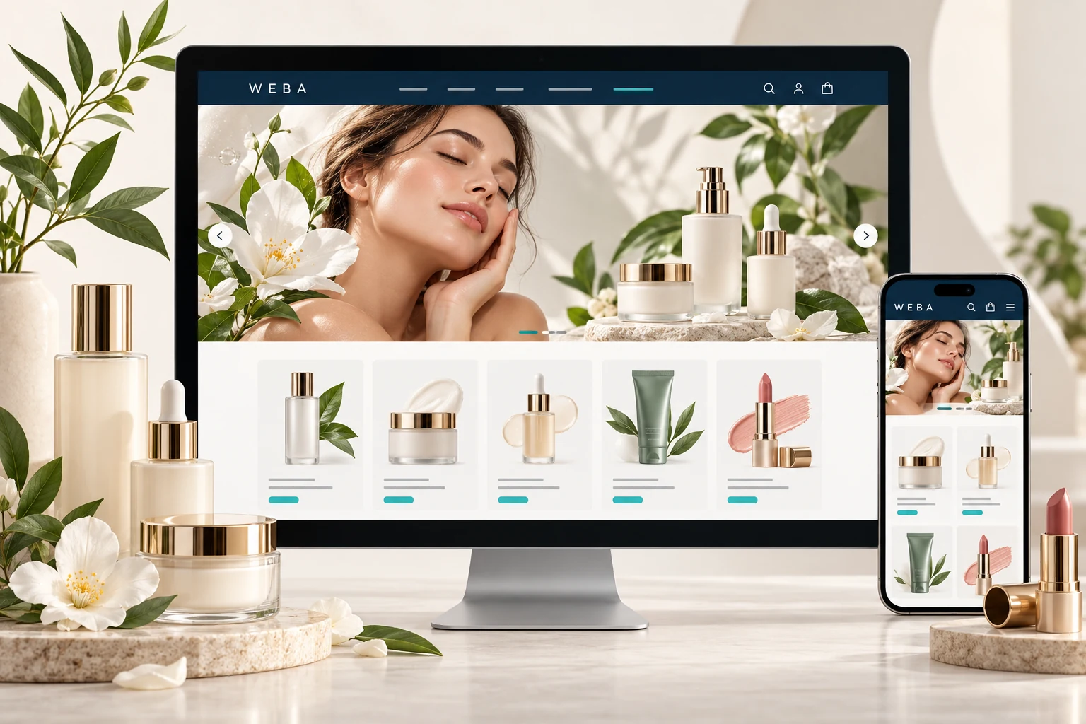 Minh họa giao diện website mỹ phẩm trên máy tính và điện thoại, với danh mục mỹ phẩm và sản phẩm chăm sóc da