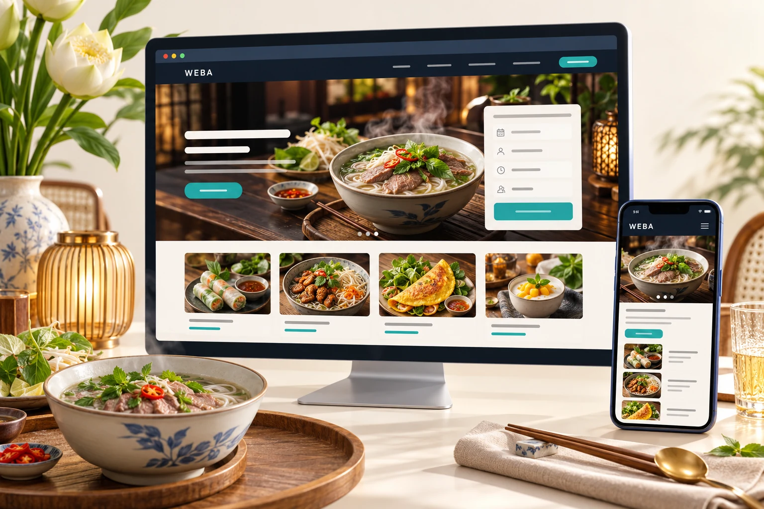 Minh họa giao diện website nhà hàng trên máy tính và điện thoại, với thực đơn món ăn và biểu mẫu đặt bàn