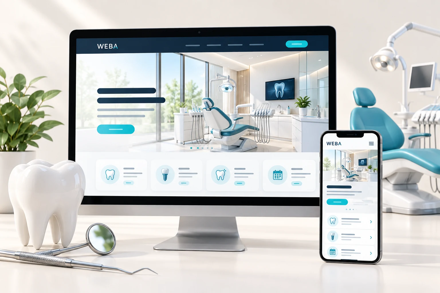 Minh họa giao diện website nha khoa trên máy tính và điện thoại, với dịch vụ nha khoa và mô hình răng