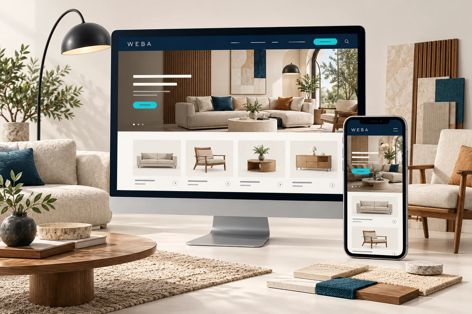 Minh họa giao diện website nội thất trên máy tính và điện thoại, với không gian nội thất và đồ dùng