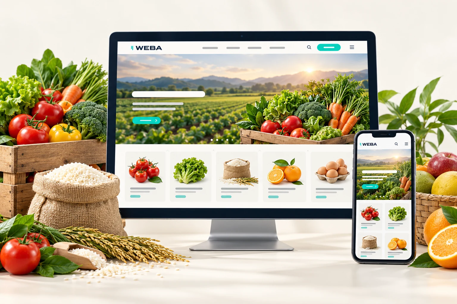 Minh họa giao diện website nông sản, thực phẩm trên máy tính và điện thoại, với nông sản và danh mục thực phẩm