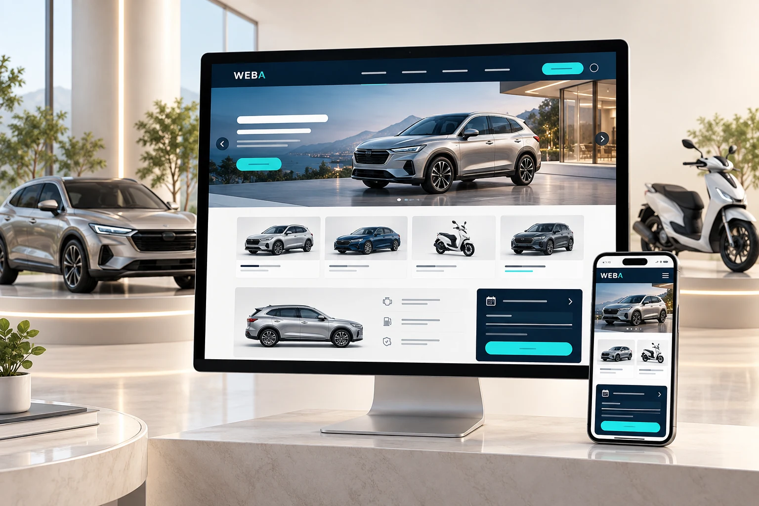 Minh họa giao diện website ô tô, xe máy trên máy tính và điện thoại, với mẫu ô tô và xe máy