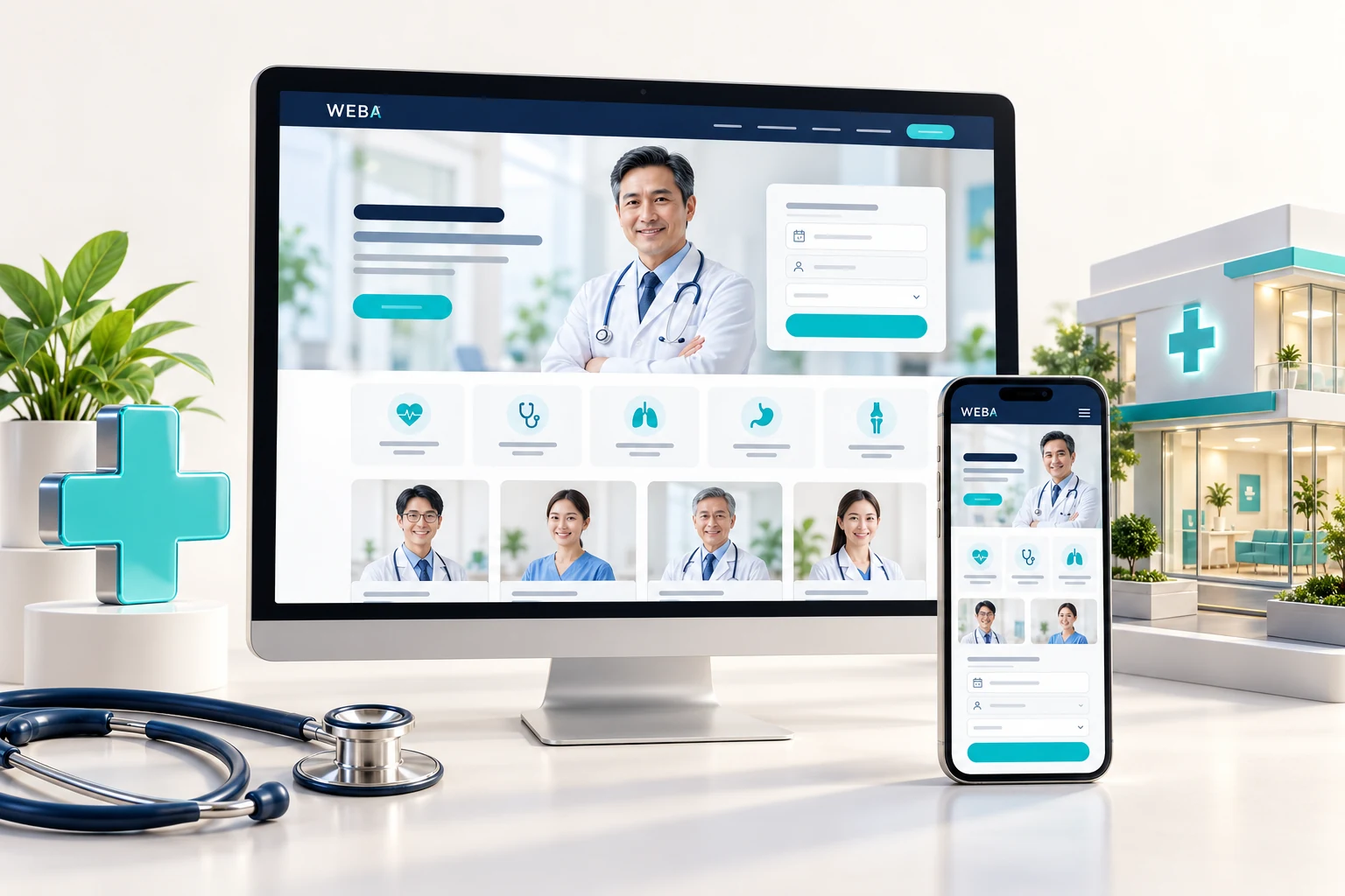 Minh họa giao diện website phòng khám trên máy tính và điện thoại, với chuyên khoa và lịch hẹn