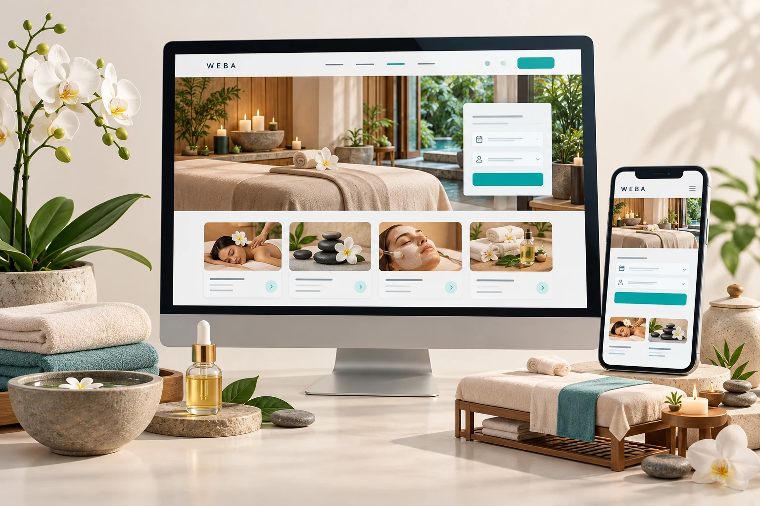 Minh họa giao diện website spa, thẩm mỹ viện trên máy tính và điện thoại, với dịch vụ spa và biểu mẫu đặt hẹn