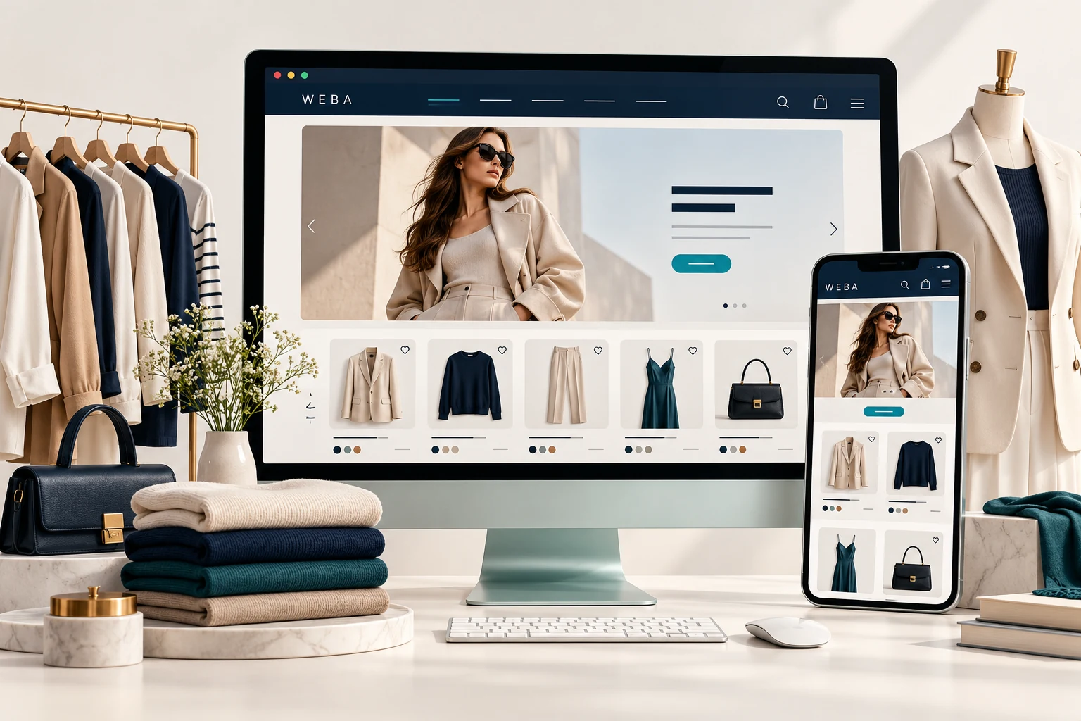 Minh họa giao diện website thời trang trên máy tính và điện thoại, với bộ sưu tập và danh mục trang phục