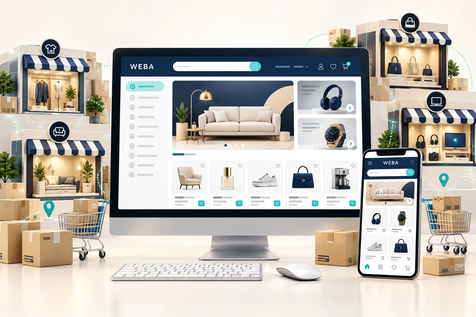 Minh họa giao diện website thương mại điện tử trên máy tính và điện thoại, với nhiều gian hàng và danh mục sản phẩm
