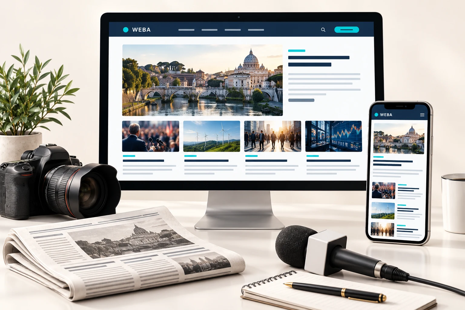 Minh họa giao diện website tin tức trên máy tính và điện thoại, với tin bài và các chuyên mục
