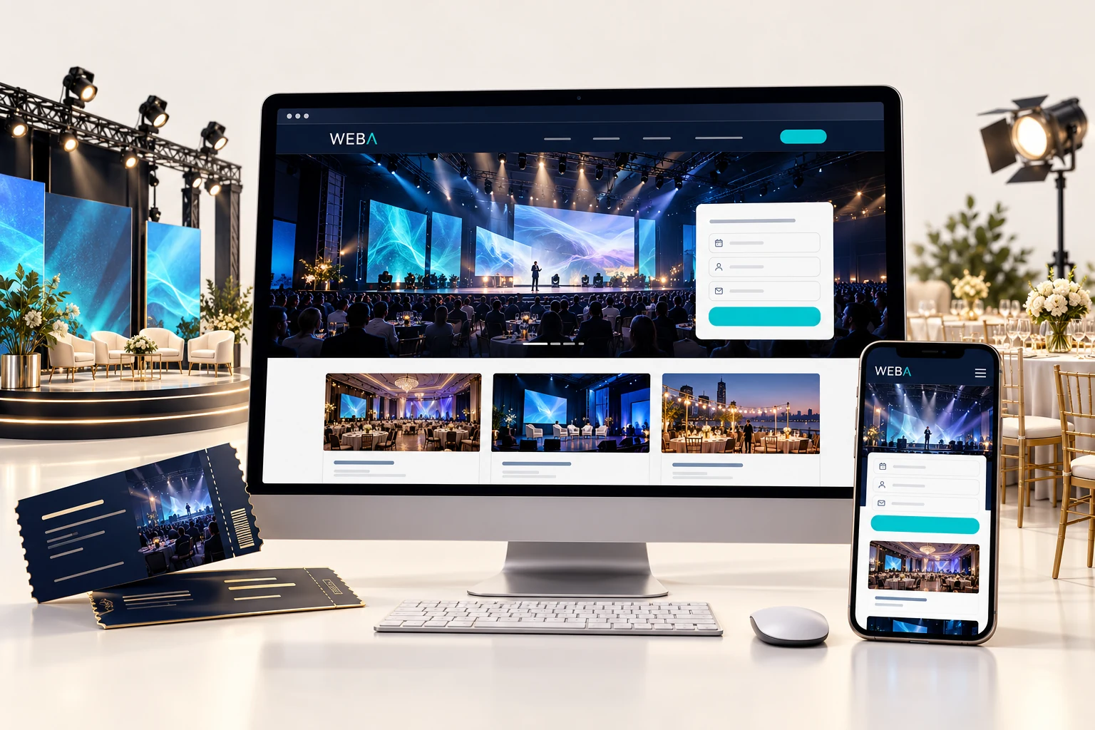 Minh họa giao diện website tổ chức sự kiện trên máy tính và điện thoại, với hồ sơ sự kiện và biểu mẫu đăng ký