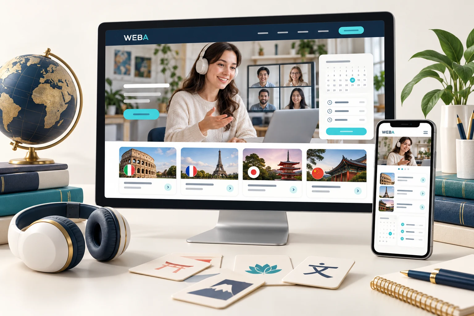 Minh họa giao diện website trung tâm ngoại ngữ trên máy tính và điện thoại, với khóa ngoại ngữ và lịch học