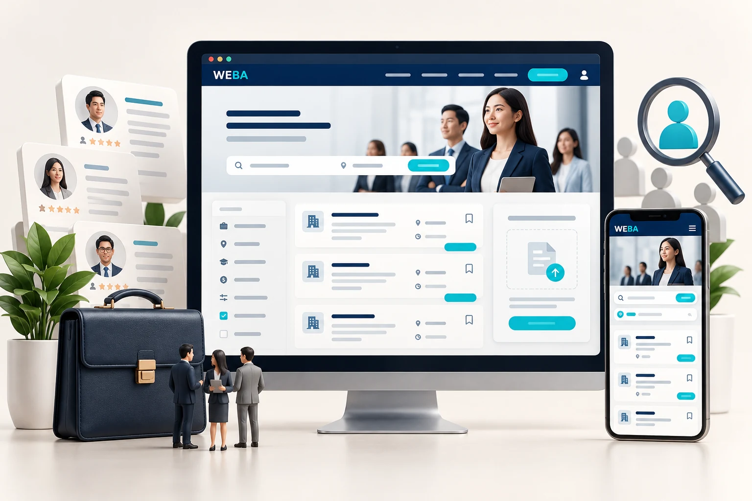 Minh họa giao diện website tuyển dụng trên máy tính và điện thoại, với danh sách việc làm và công cụ tìm kiếm