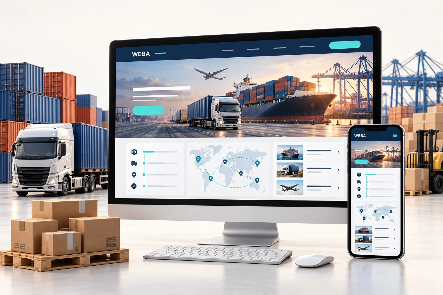 Minh họa giao diện website vận tải, logistics trên máy tính và điện thoại, với dịch vụ vận tải và tra cứu vận đơn