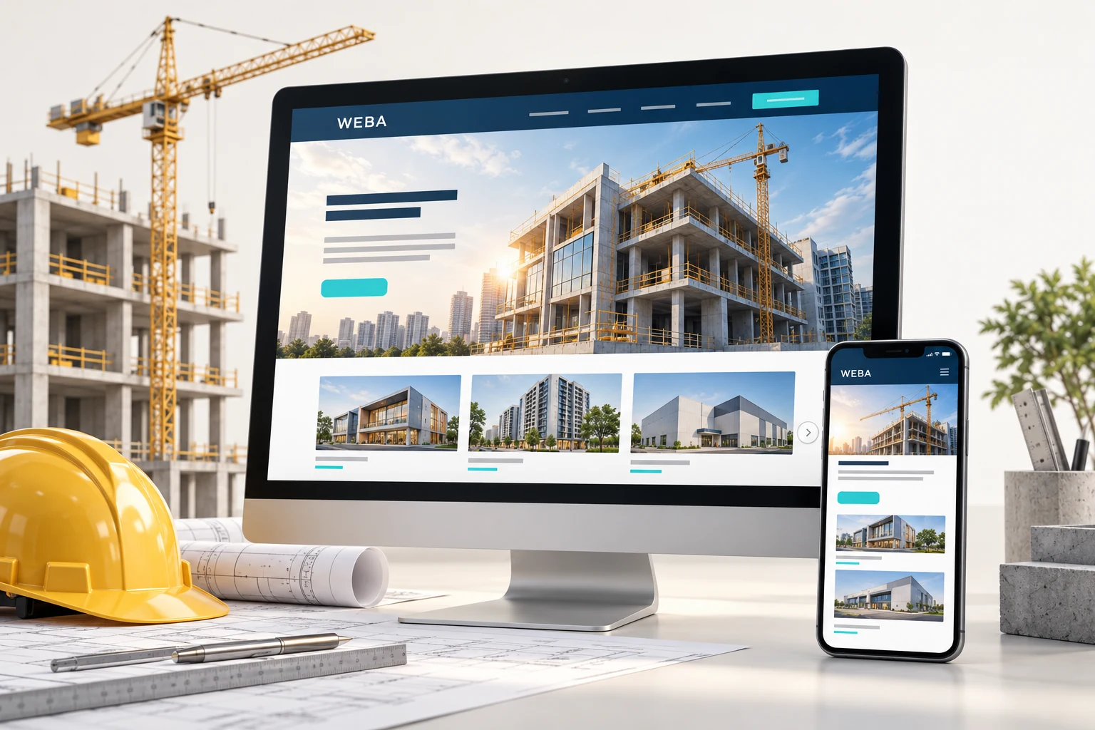 Minh họa giao diện website xây dựng trên máy tính và điện thoại, với công trình và thiết bị xây dựng